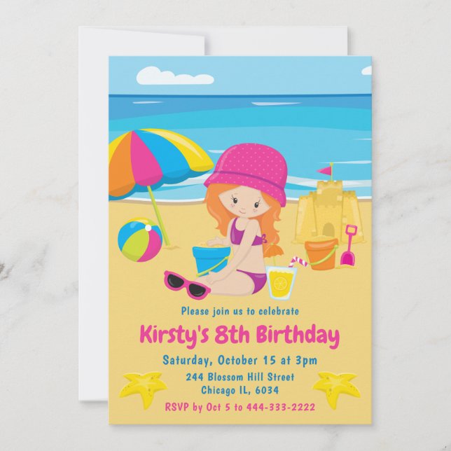 Invitación Chica Linda de Cabello Rojo Cumpleaños de Verano e (Anverso)