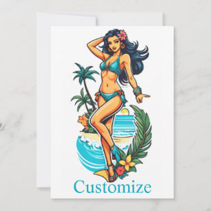Invitación Chica linda de pelo negro en bikini en la playa Th