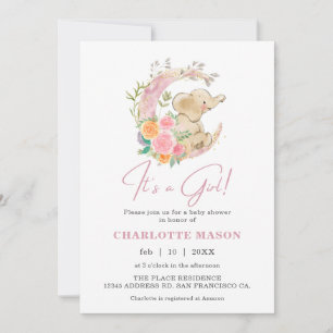 Invitación Chica Linda Elefante Floral Luna Baby Shower