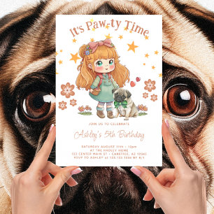 Invitación Chica Linda y Pug Es Hora de Fiesta Cumpleaños