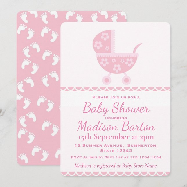 Invitación Chica lindo Baby Shower del cochecito de niño (Anverso / Reverso)