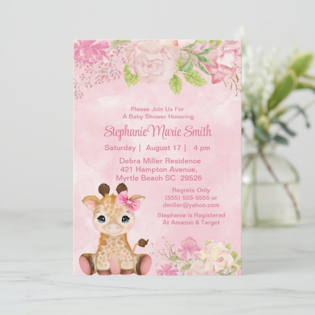 Invitación Chica lindo bebé Giraffe Baby Shower floral rosa (Anverso de pie)