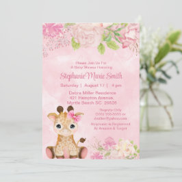 Invitación Chica lindo bebé Giraffe Baby Shower floral rosa
