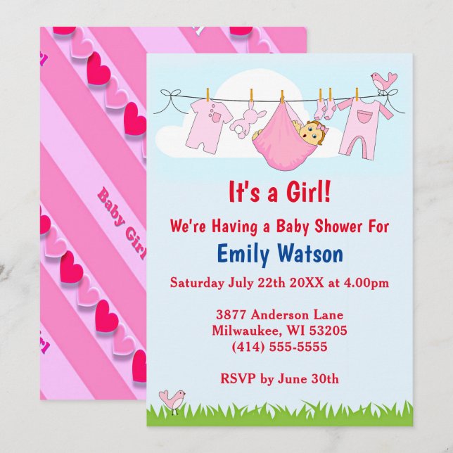 Invitación Chica lindo Clothesline Hearts Boho Baby Shower (Anverso / Reverso)