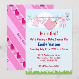 Invitación Chica lindo Clothesline Hearts Boho Baby Shower