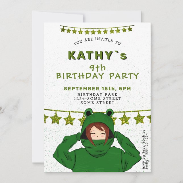 Invitación Chica lindo con caramba de rana verde cumpleaños I (Anverso)