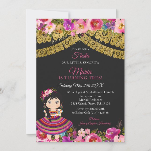 Invitación Chica lindo Fiesta Negro Charra Mexicana XV Anos I (Anverso)