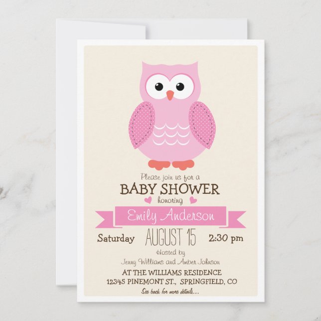 Invitación Chica lindo Lechuza rosa Baby Shower o Sprinkle (Anverso)