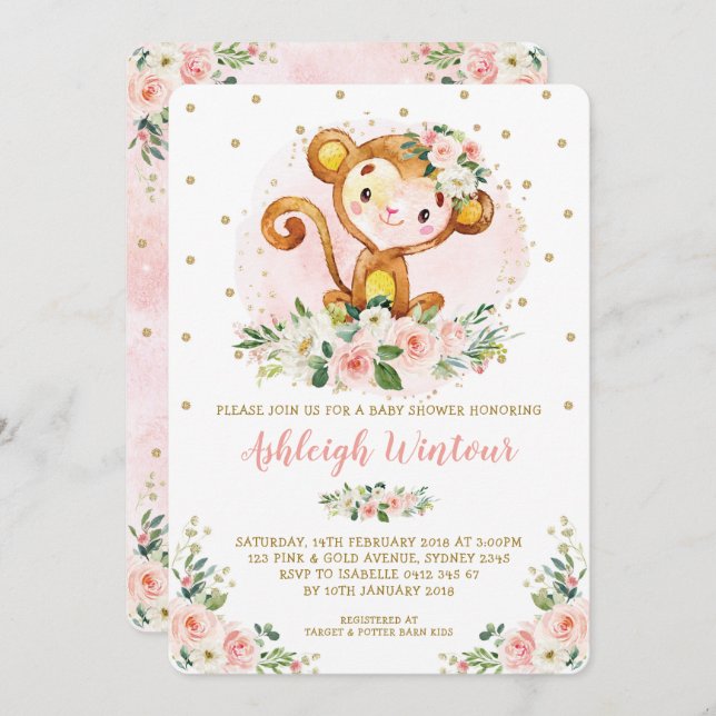 Invitación Chica lindo Monkey Baby Pink Gold Floral Baby Show (Anverso / Reverso)