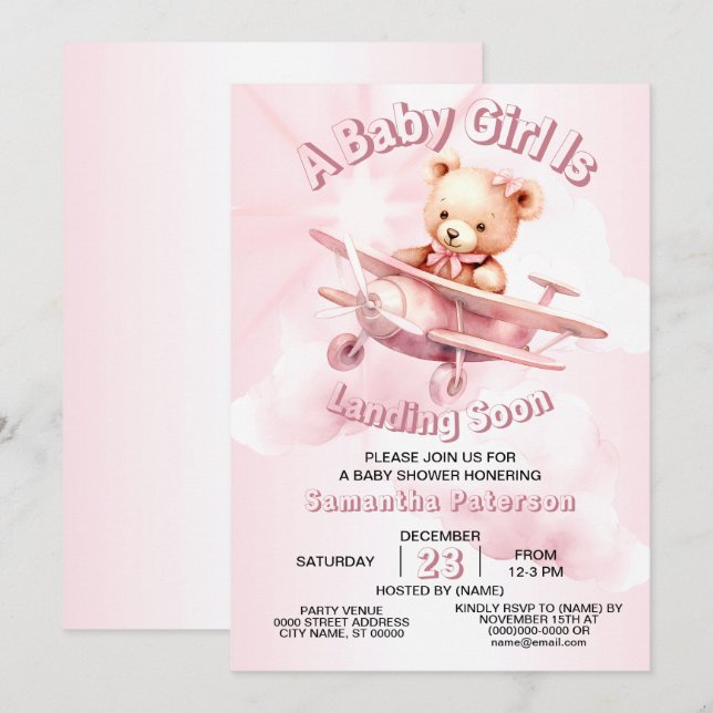 Invitación Chica lindo piloto de oso bebé piloto avión rosado (Anverso / Reverso)