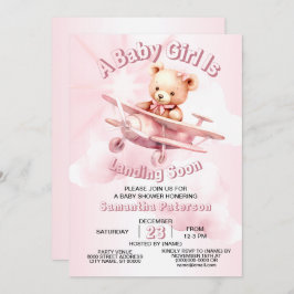 Invitación Chica lindo piloto de oso bebé piloto avión rosado