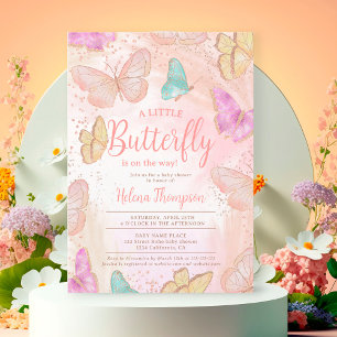 Invitación Chica lindo rosa un poco de moda mariposa bebé duc