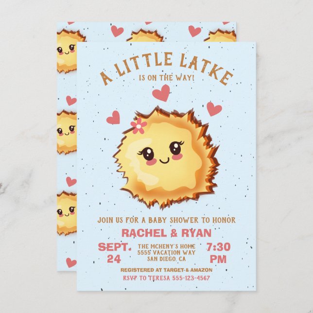 Invitación Chica Little Latke Hanukkah Baby Shower (Anverso / Reverso)