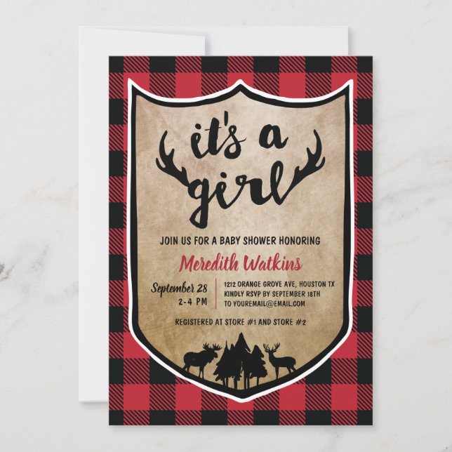 Invitación Chica Lumberjack Baby Shower (Anverso)