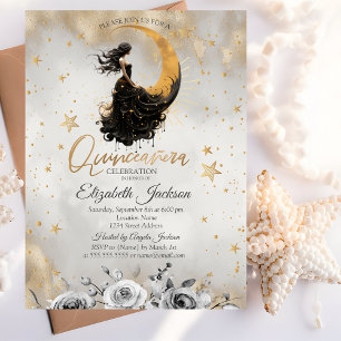 Invitación Chica Luna Celestial Flores Estrellas Quinceañera