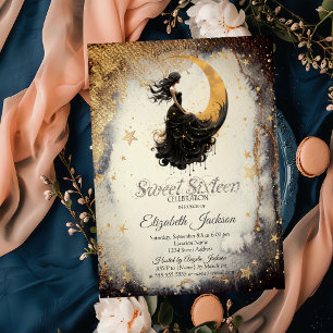 Invitación Chica lunar celestial acuarela estrellas doradas d