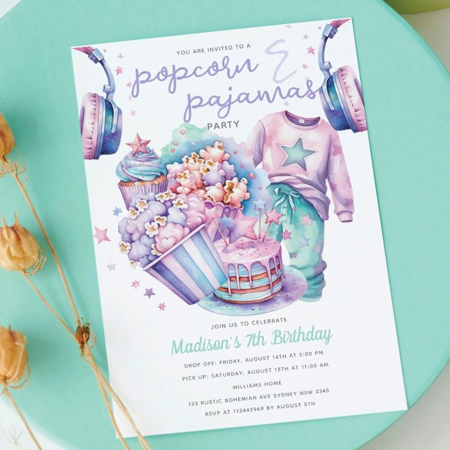 Invitación Chica maderero Cumpleaños Popcorn y Pajamas (Subido por el creador)