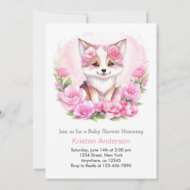 Invitación Chica mágico Lobo Floral Rosa Baby Shower (Anverso)