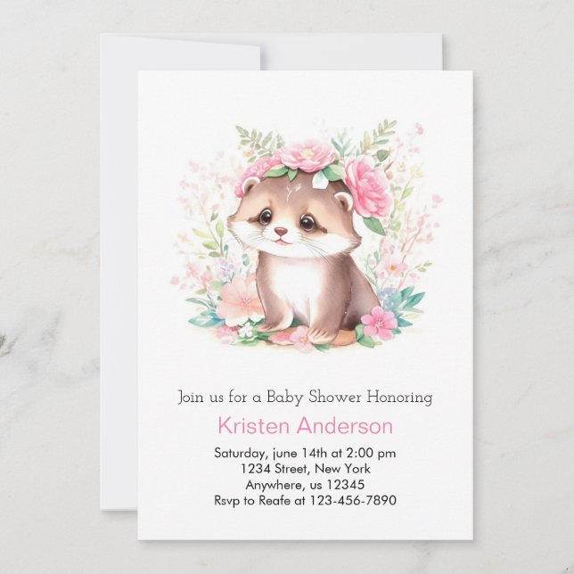 Invitación Chica Mágico Otter Wildflower Rosa Baby Shower (Anverso)
