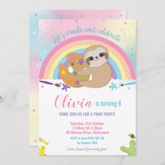 Invitación Chica marchosa linda del cumpleaños de la pintura (Anverso / Reverso)