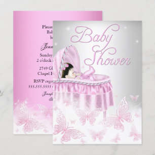 Invitación Chica Mariposa Destello Rosa y Plata Baby Shower