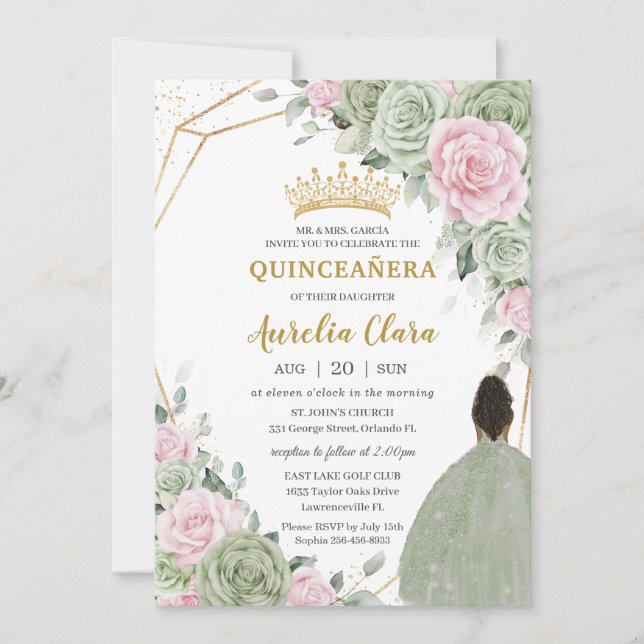 Invitación Chica marrón rosa verde sabio Quinceañera (Anverso)