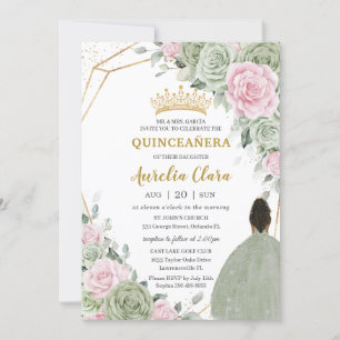 Invitación Chica marrón rosa verde sabio Quinceañera