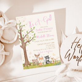 Invitación Chica marrón rosado acuarela Woodland Animales