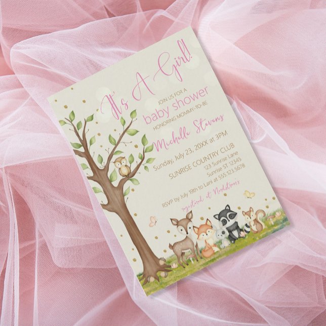 Invitación Chica marrón rosado acuarela Woodland Animales (Subido por el creador)