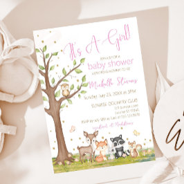 Invitación Chica marrón rosado acuarela Woodland Animales