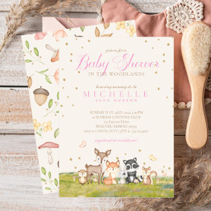 Invitación Chica marrón rosado acuarela Woodland Animales