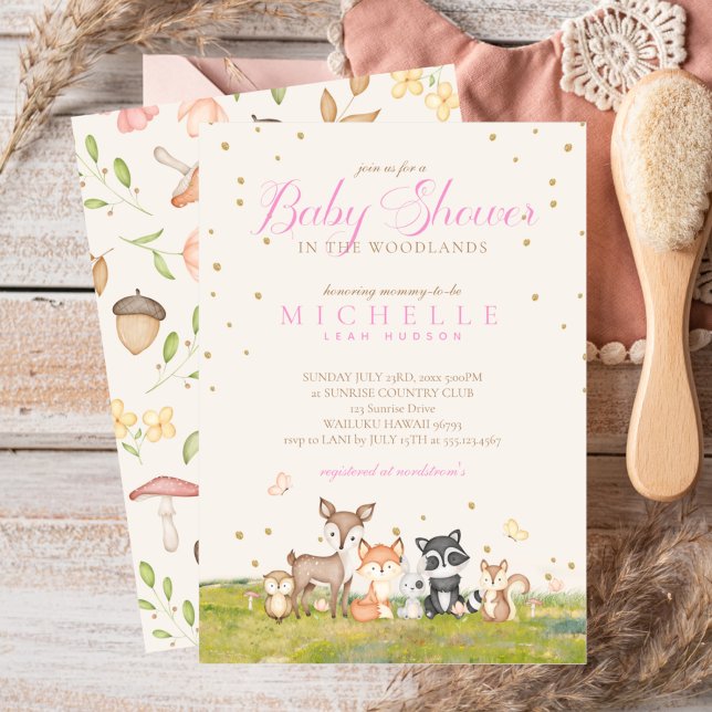 Invitación Chica marrón rosado acuarela Woodland Animales (Subido por el creador)