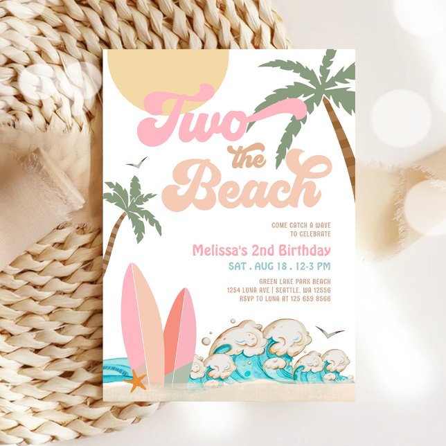 Invitación Chica melocotón rosa DOS en la PLAYA Surfing Cumpl (Subido por el creador)