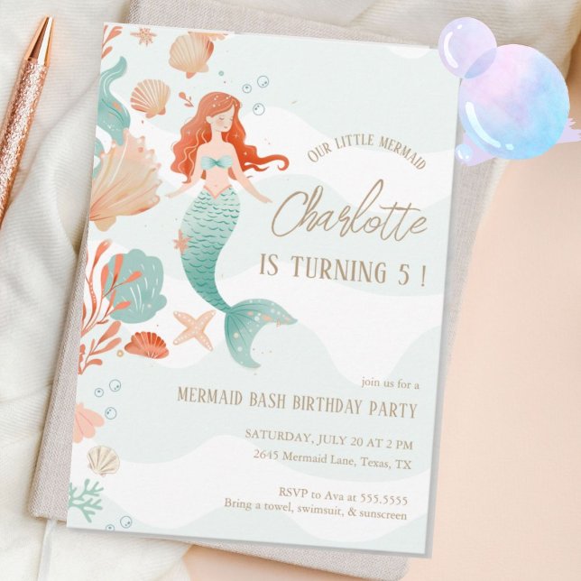 Invitación Chica Mermaid Bash Fiesta de cumpleaños Coral Verd (Subido por el creador)