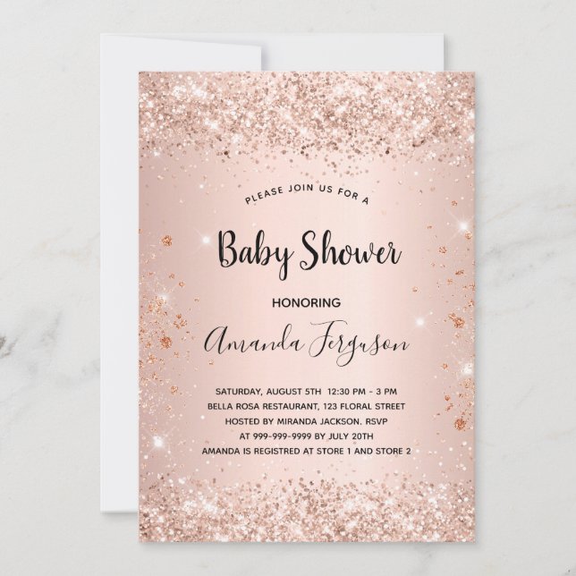 Invitación chica metalizado rosa purpurina de Baby Shower (Anverso)