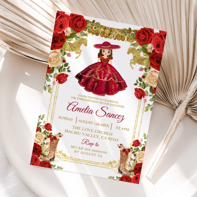Invitación Chica mexicana roja y dorada Tres Añ os Cumpleaño (Subido por el creador)