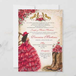 Invitación Chica Mexicana Vestido De Charra Floral Rojo Quinc