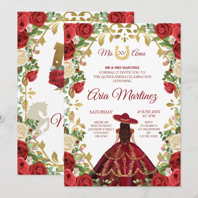 Invitación Chica mexicano Borgoña Vestido 15 cumpleaños (Anverso / Reverso)