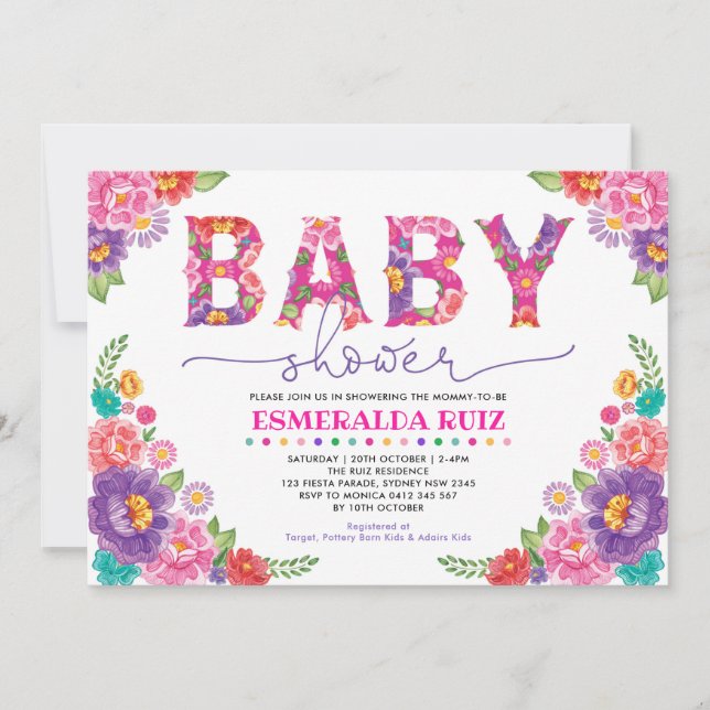 Invitación Chica mexicano de moda Floral Fiesta Baby Shower (Anverso)