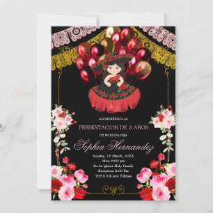 Invitación Chica mexicano de oro y rojo Charra Balloon Mis Qu