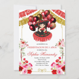 Invitación Chica mexicano de oro y rojo Charra Balloon Tres A