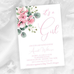 Invitación Chica Minimalista de Acuarela Floral Rosa Baby Sho
