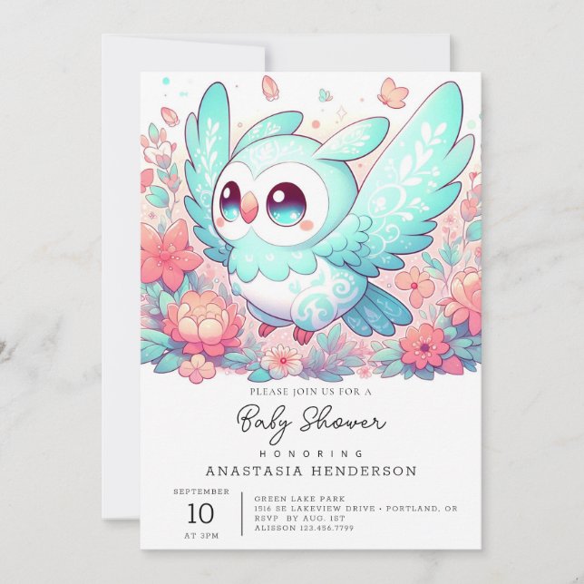 Invitación Chica Minimalista Owl Baby Shower (Anverso)
