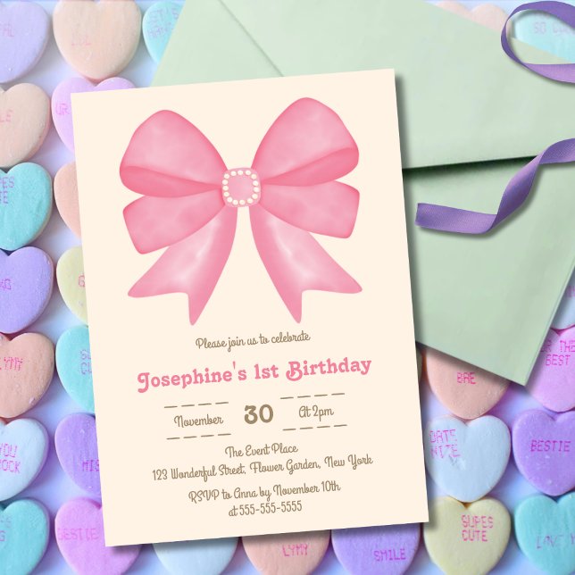 Invitación Chica Mínimo Rosa Bow Sweet Birthday (Subido por el creador)