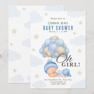 Invitación Chica moderna azul beige con globos baby shower