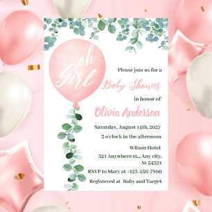 Invitación Chica, moderno Baby Shower de globo rosa