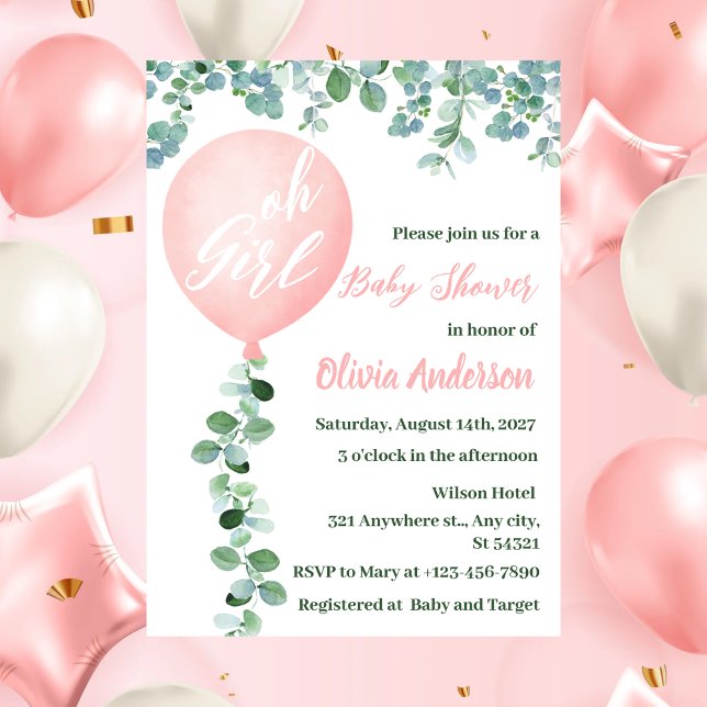 Invitación Chica, moderno Baby Shower de globo rosa (Subido por el creador)