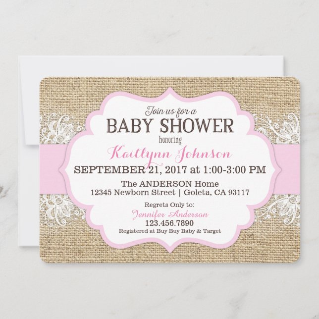 Invitación Chica moderno Baby Shower del rosa del cordón de (Anverso)