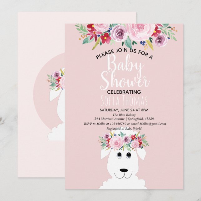 Invitación Chica Moderno Cordero y Flores Baby Shower (Anverso / Reverso)