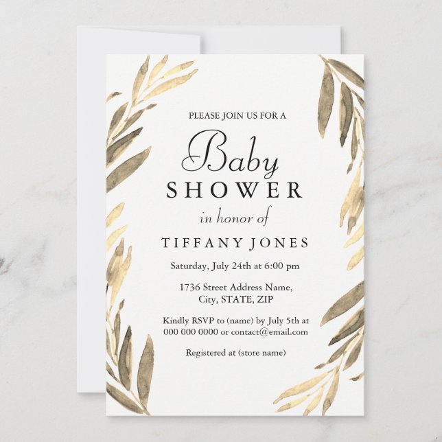 Invitación Chica moderno de la hoja dorada o niño Baby Shower (Anverso)